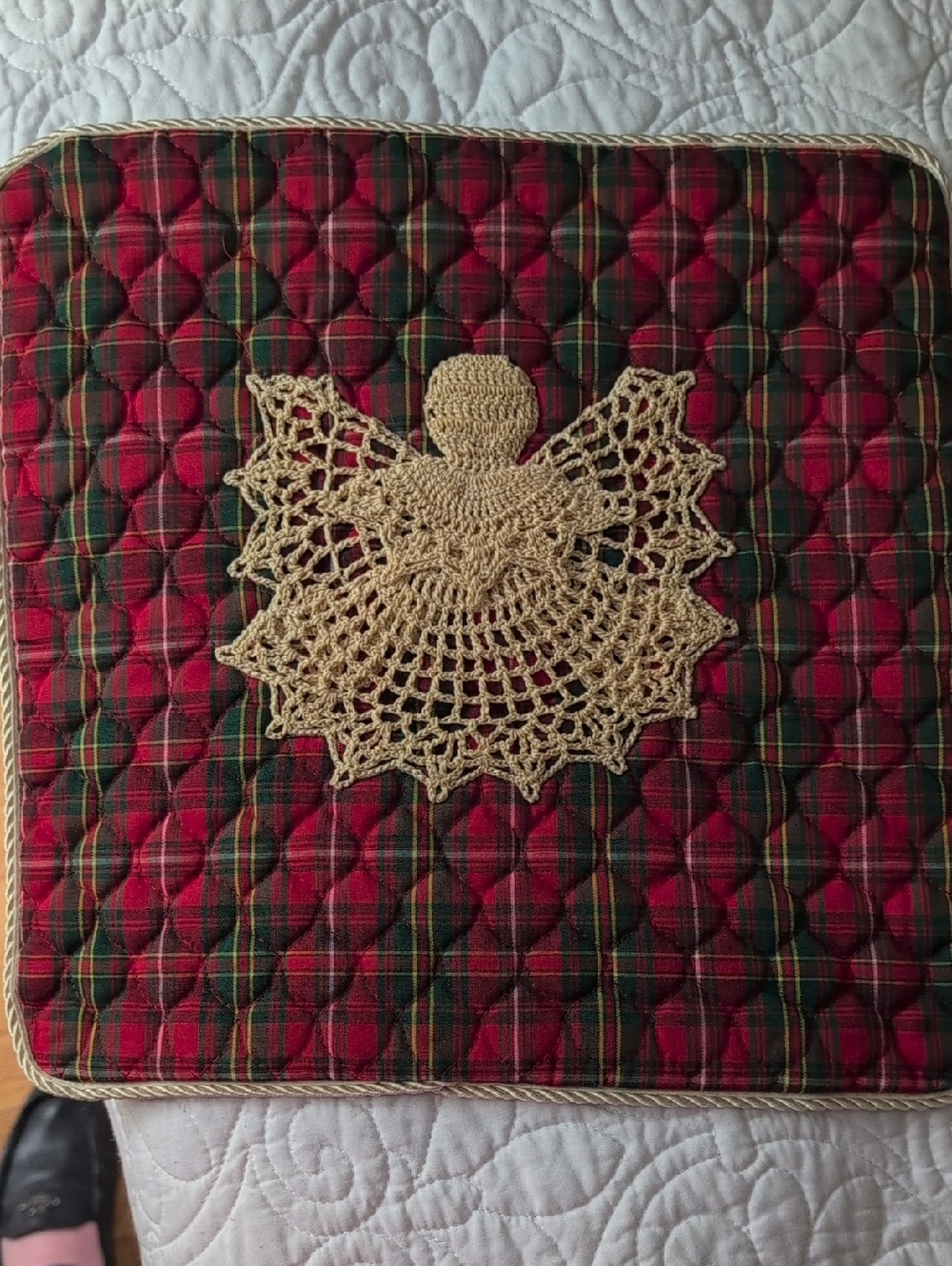 Handmade Crochet Angel Doily on Red Green Plaid Mat